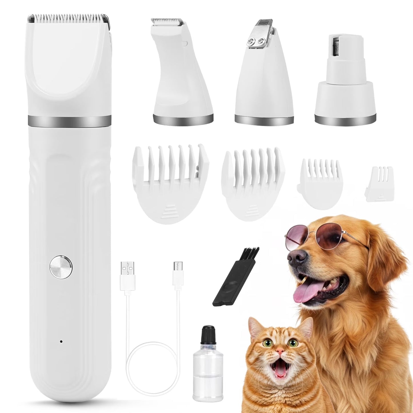 Dog Hair Clippers, Dog Grooming Kit for Thick Hair, Low Noise Dog Shaver Clipper with 4 Comb Guides, White